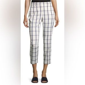 Theory Women's Treeca 2 Windowpane Plaid Cropped Trouser Pants Sz 4 Cream Navy